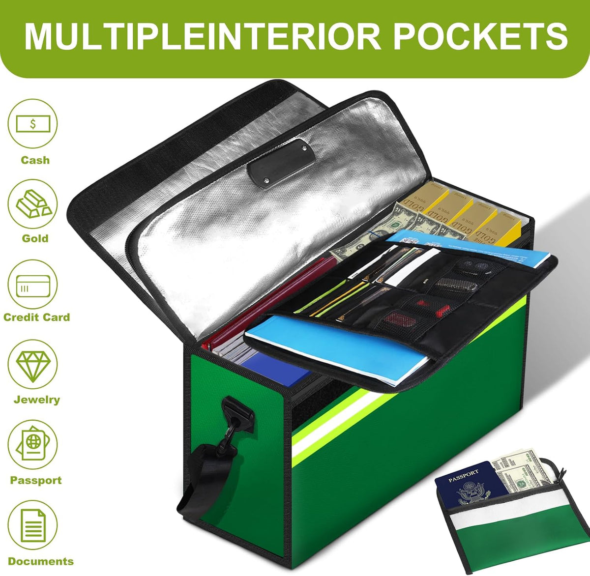 6500°F Fireproof Document Bag with Lock-Fireproof Box with 10 Layers Insulation Materials&Waterproof Zipper,Removable Wallet,Reflective Strip for Cash,Documents,Jewelry(14.2”x 9.6”x 4.1”)
