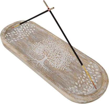 VANIYA CRAFTS® Wooden Handmade Tree of Life Design Boat Shape Incense Holder Stand Insence Tray for Home Decor Restaurant (11X4, Natural Black)
