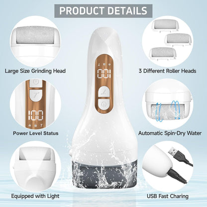 Electric Callus Remover for Feet,Professional Pedicure Kit Rechargeable Foot File Hard Skin Remover for Cracked Heels &Dead Skin,with 3 Roller Heads 2 Speed(White N9)