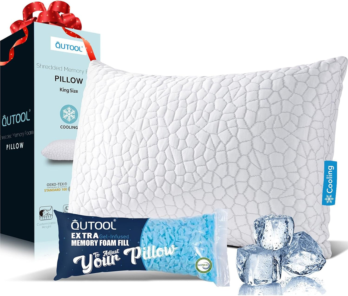 QUTOOL Cooling Pillow for Sleeping, CertiPUR-US Shredded Memory Foam Queen Pillows Set of 2, Cool Pillow for Hot Sleepers Adjustable Firm Pillow for Side, Back, Stomach Sleepers Soft Yet Support,White
