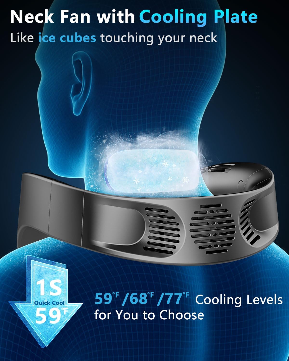 FWV Neck Fan with Cooling Plate, Quiet 30dB, 3-24Hrs Cooling,5500mAh Battery,LED Display Necklace AC Cooler, USB Bladeless Portable Personal Wearable Fans that Blow Cold Air for Men Women Kids Black