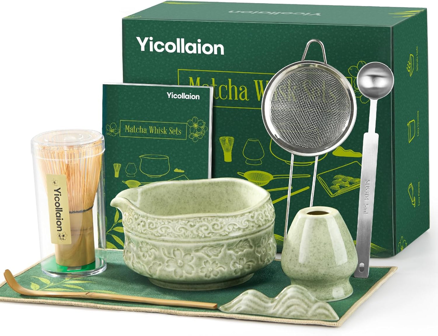 Matcha Whisk Set, Matcha Kit 9-Pcs, Bamboo Whisk and Ceramic Bowl with Spout & Measuring Spoon & Cup, Japanese Ceremony Matcha Tea Making Tools, Ideal Gift for Tea lover