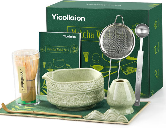 Matcha Whisk Set, Matcha Kit 9-Pcs, Bamboo Whisk and Ceramic Bowl with Spout & Measuring Spoon & Cup, Japanese Ceremony Matcha Tea Making Tools, Ideal Gift for Tea lover
