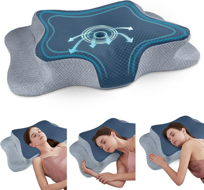 CHxxy Cervical Neck Pillow for Pain Relief Sleeping, Memory Foam Pillows, Ergonomic Side Sleeper Pillows, Cooling Orthopedic Neck Support Pillow for Back Stomach Sleepers-Queen Size Grey&Grey