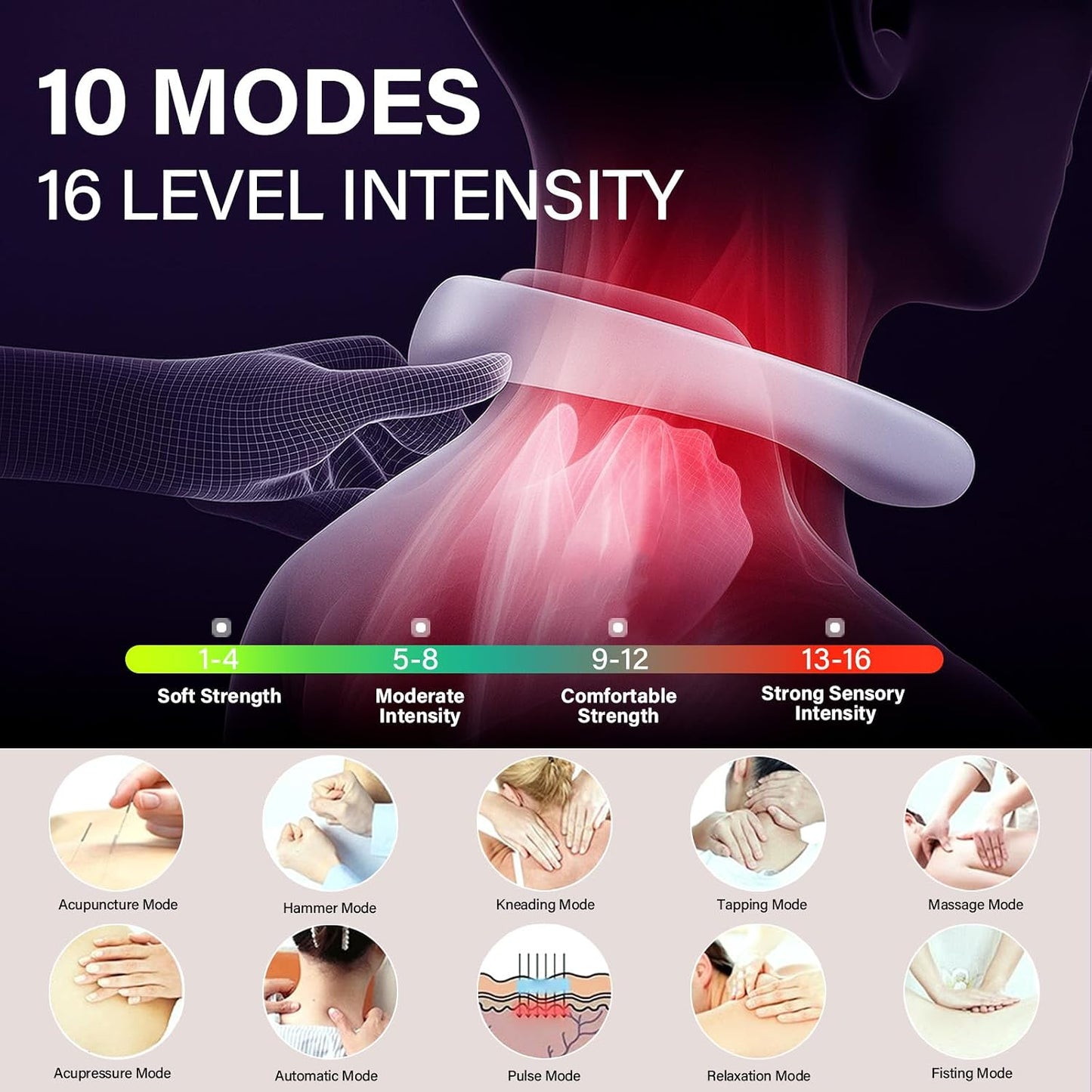 Neck Massager for Pain Relief Deep Tissue with Heat and 10 Massage Patterns & 16 Intensity Steps, Gift for Home or Travel, Purple