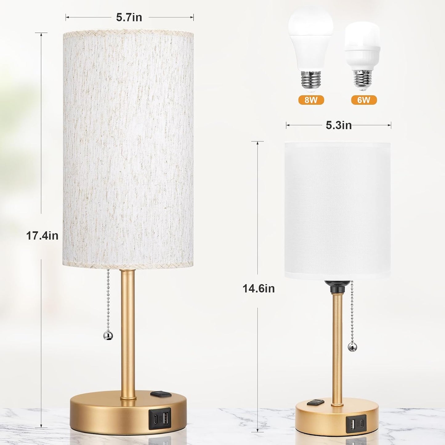 Small Bedside Table lamp for Bedroom - 3 Color Temperatures Bedside Lamps with USB C and A Ports, Pull Chain Table Lamps with AC Outlet, White Nightstand Lamps with Black Metal Base for Kids Reading