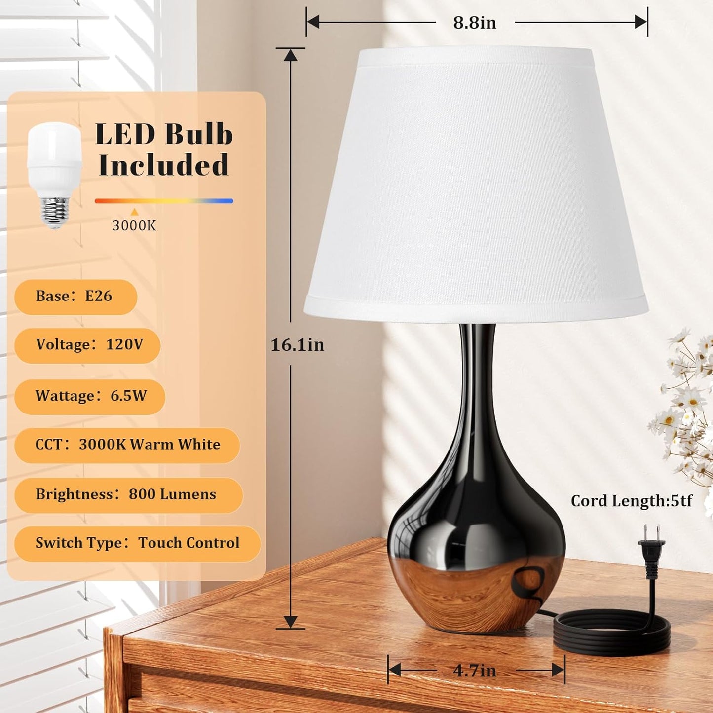 Seealle 16.1" Touch Table Lamps for Nightstand, 3-Way Dimmable Small Bedroom Lamps for Night Stands, Black Bedside Lamps for Living Room, Kids Room, End Table