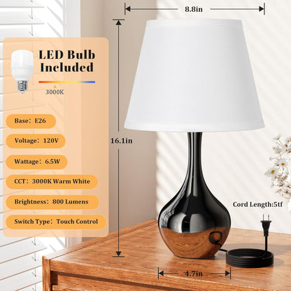 Seealle 16.1" Touch Table Lamps for Nightstand, 3-Way Dimmable Small Bedroom Lamps for Night Stands, Black Bedside Lamps for Living Room, Kids Room, End Table