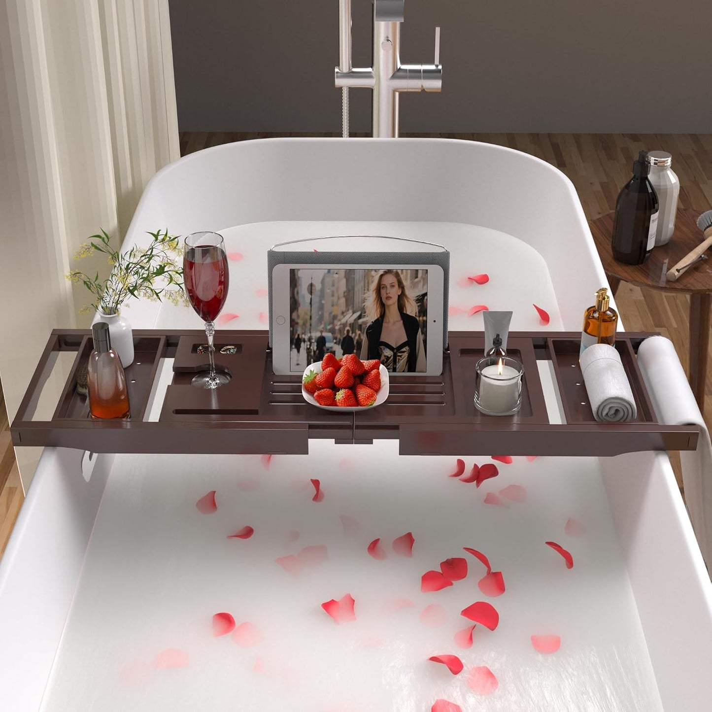 Artmalle Luxury Bathtub Caddy Tray for Tub - Foldable Bamboo Bath Table Tray with Book and Wine Glass Holder, Expandable Bathroom Accessories for Spa or Reading Lite Style