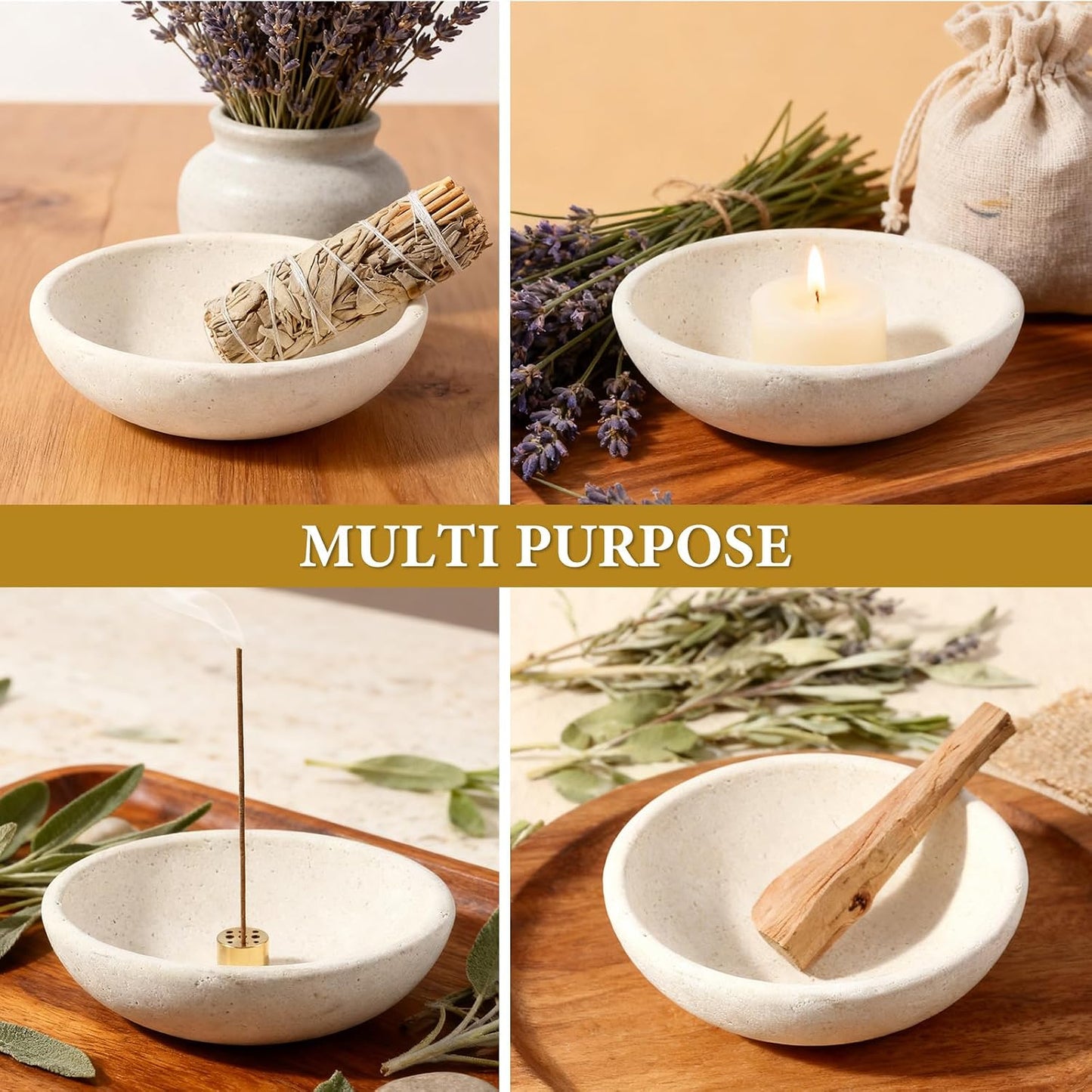 Koville Natural Marble Incense Holder, Incense Holder for Sticks with 9 Holes, Handmade Incense Burner Ash Catcher for Meditation Yoga SPA, Balsam Fir/Palo Santo/Sage/Cone (White)
