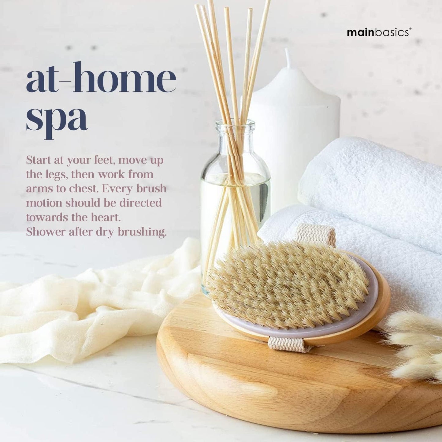 MainBasics Dry Brushing Body Brush for Lymphatic Drainage, Dry Skin, Cellulite, Blood Circulation with Exfoliating Natural Bristles and Massage Nodes for Flawless Skin