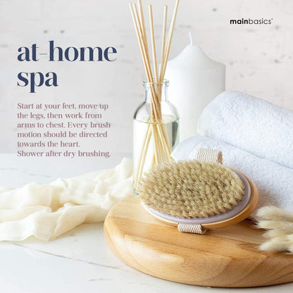 MainBasics Dry Brushing Body Brush for Lymphatic Drainage, Dry Skin, Cellulite, Blood Circulation with Exfoliating Natural Bristles and Massage Nodes for Flawless Skin