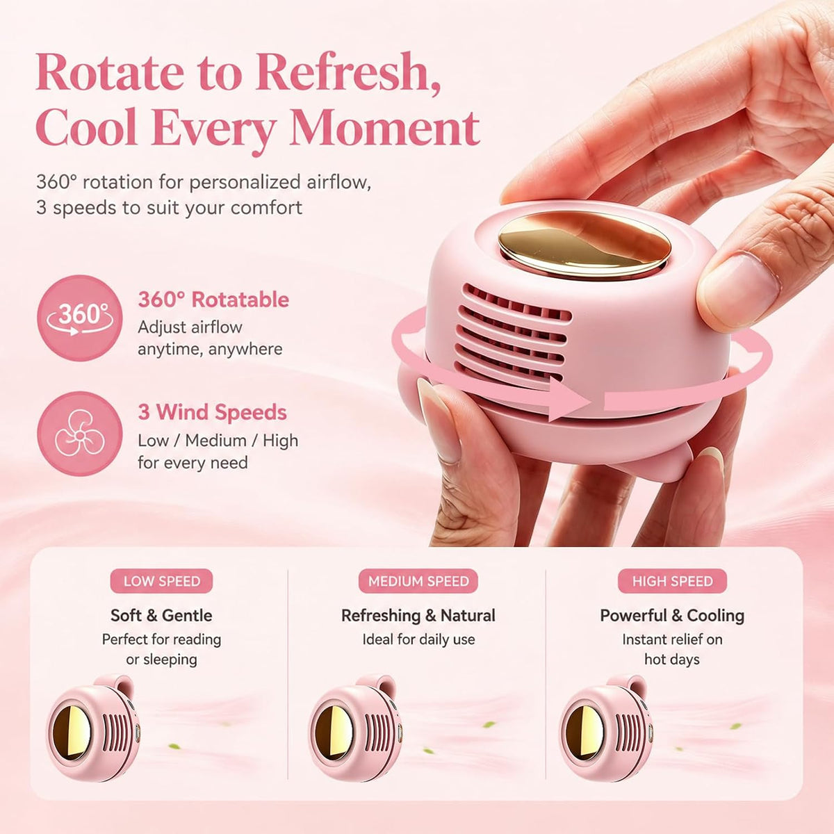 Portable Clip-On Fan, Mini Bladeless Waist Fan, 5100RPM 25dB Ultra-Quiet 3-Speed Rechargeable Small Whirlwind Fan, Hands-Free Personal Cooling for Outdoor Travel Office Camping with USB-C