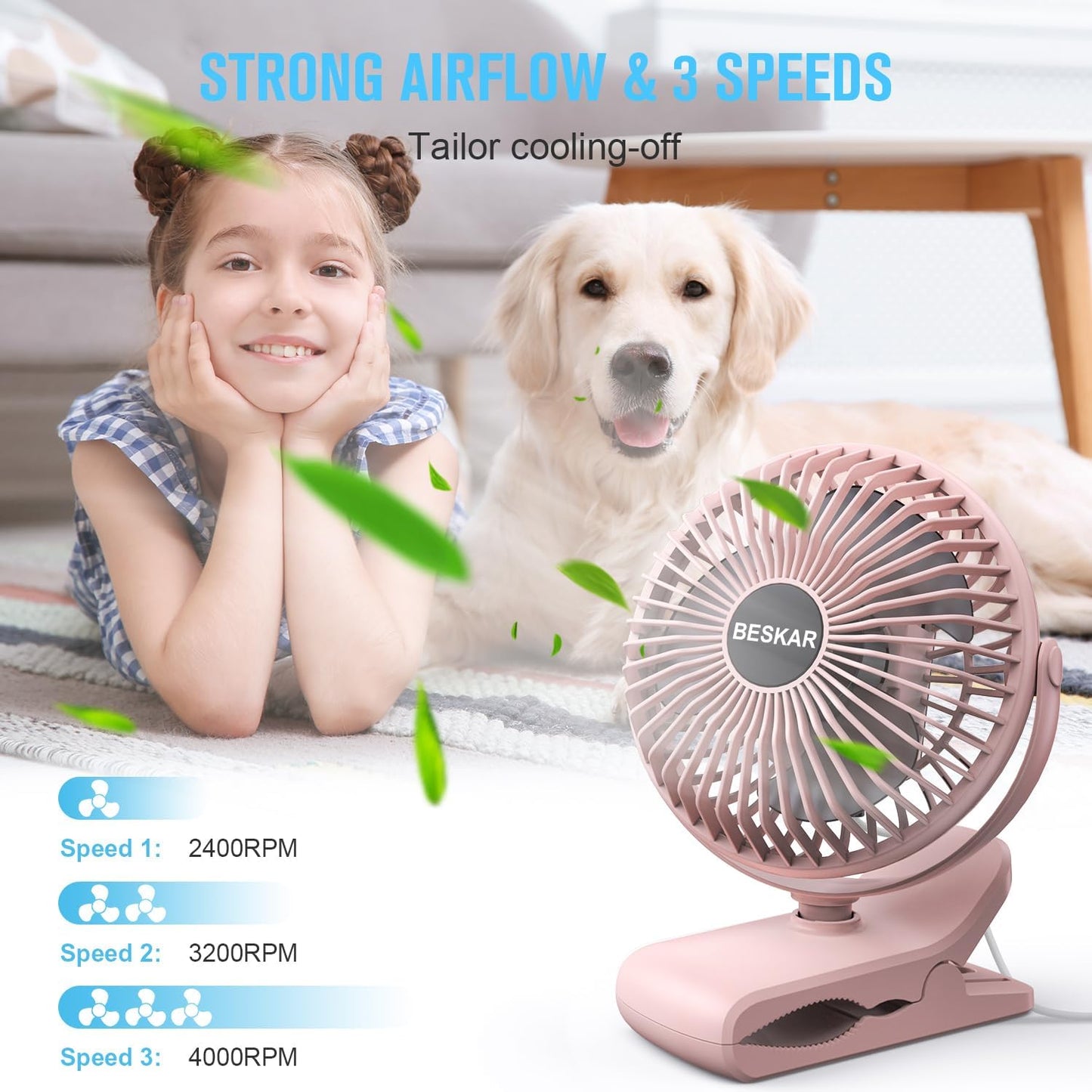 BESKAR Small Clip on Fan, 3 Speeds USB Fans with Strong Airflow, Clip & Desk Fans USB Plug in with Sturdy Clamp - Ultra Quiet operation for Office Dorm Bedroom Stroller