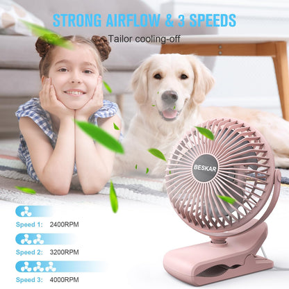 BESKAR Small Clip on Fan, 3 Speeds USB Fans with Strong Airflow, Clip & Desk Fans USB Plug in with Sturdy Clamp - Ultra Quiet operation for Office Dorm Bedroom Stroller