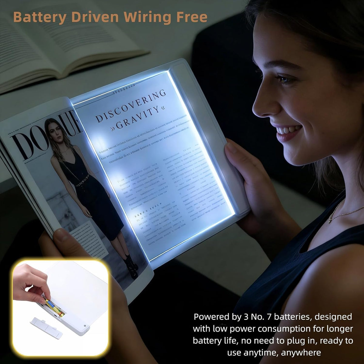 Btolin LED Book Light Panel, Battery Powered Flat Reading Light for Books, Portable Wireless Page Light with Transparent Panel, 5.71x6.69 Inch, White