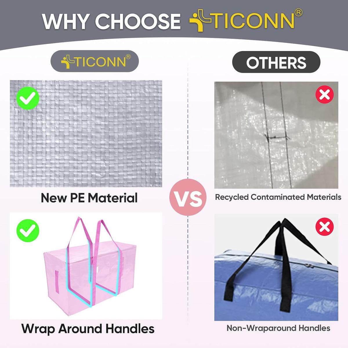 TICONN Extra Large Moving Bags Heavy Duty with Zippers & Carrying Handles, Durable Storage Bags Moving Boxes for Closet Organizers and Storage (Blue)