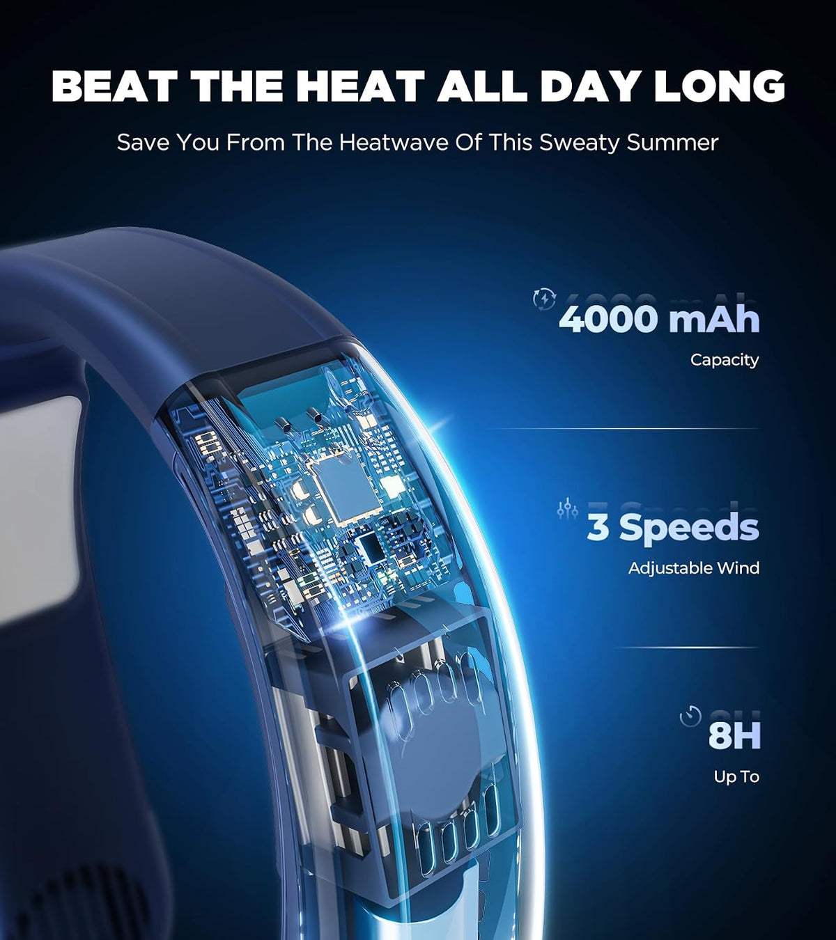 Neck Fan, 1s Fast Cooling Neck Cooler with Dual Ceramic Plates, 8H Long Runtime, 180° Adjustable Lightweight Bladeless Portable Personal Fan, Quiet Cooling for Outdoor（Dark Blue）