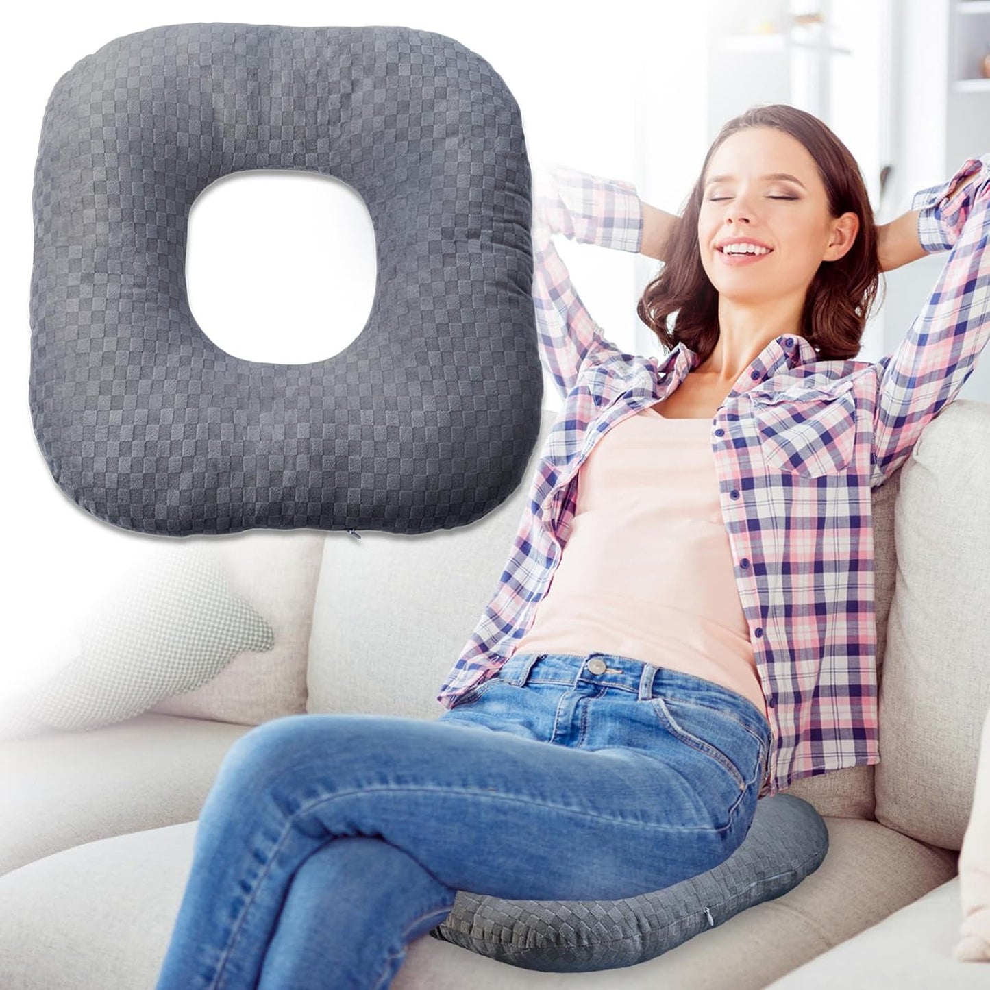 Stuffed Donut Pillow Seat Cushion | for Tailbone and Coccyx Pain, Hemorrhoids, Bed Sores, Pregnancy, Prostate, Surgery Recovery, Sitting Pressure Relief, for Home, Office and Car (Grey)