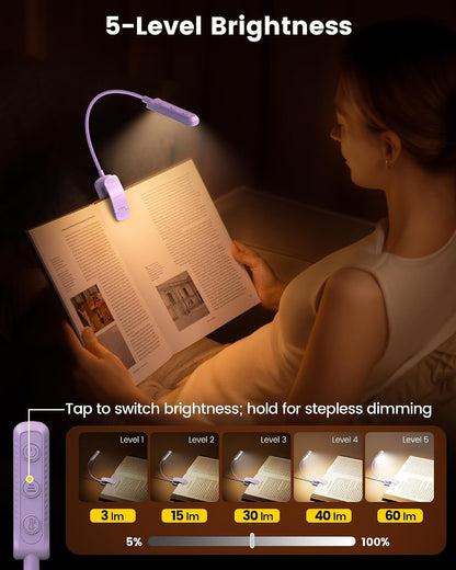 Glocusent 13 LED Reading Lights for Books in Bed, Eye-Caring Rechargeable Book Light 3 Amber Colors & Stepless Dimming, 120 Hrs Runtime, Travel Clip on Reading Lamp, Gifts for Book Lover Men Women Kid