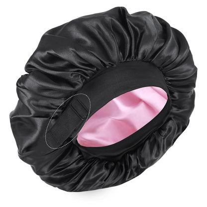 Silk Bonnet for Sleeping Double Layer Satin Bonnet Adjustable Bonnets for Black Women Sleep Cap Reversible Hair Bonnet for Curly Hair (Black and Purple)