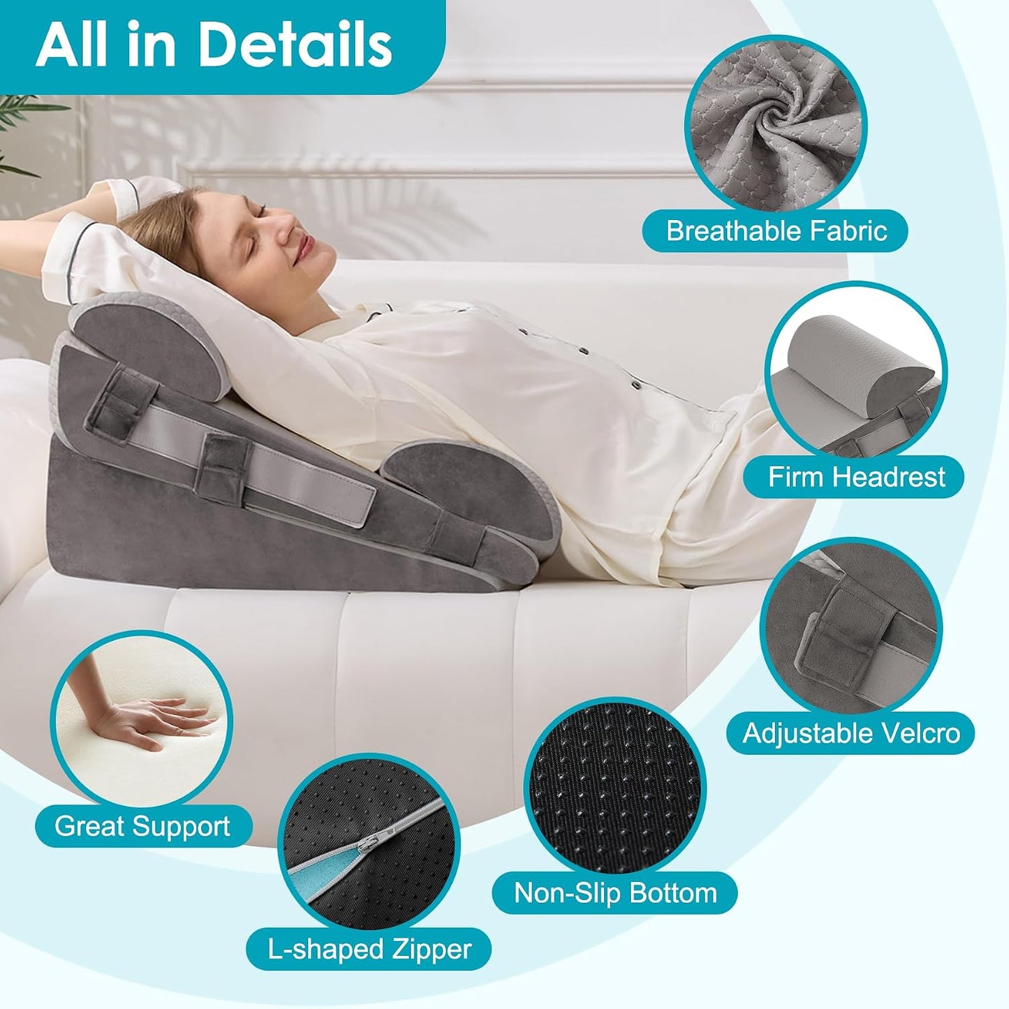 3Pcs Wedge Pillow Set for After Surgery,Acid Reflux Relief, Adjustable Bed Wedge Pillows for Sleeping,Anti Snore, Memory Foam Triangle Pillow for Back&Neck&Shoulder Pain Relief, White&Grey