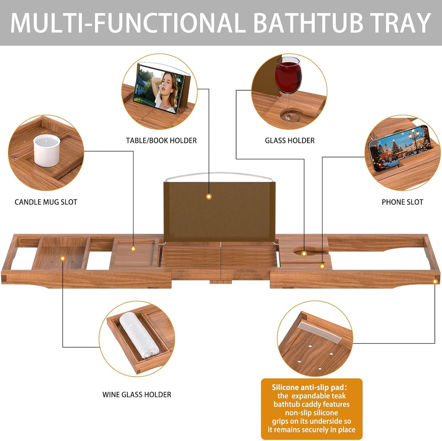 Artmalle Luxury Bathtub Caddy Tray for Tub - Foldable Bamboo Bath Table Tray with Book and Wine Glass Holder, Expandable Bathroom Accessories for Spa or Reading Lite Style