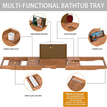 Artmalle Luxury Bathtub Caddy Tray for Tub - Foldable Bamboo Bath Table Tray with Book and Wine Glass Holder, Expandable Bathroom Accessories for Spa or Reading Lite Style