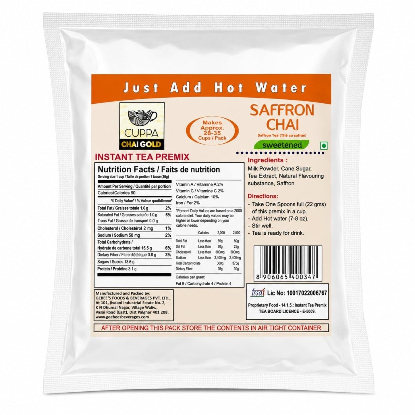Chai Gold Instant Chai Tea Premix Powder - Sweetened Milk Tea Latte Mix for Home and Beverage Dispensers - [500g / 1.1 lb Bulk Bag] (Kadak)