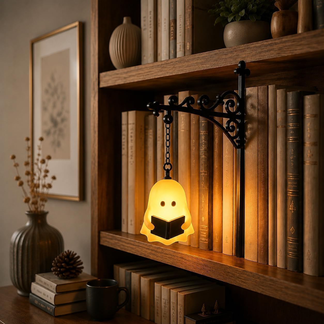 Library Lantern-Decorative Bookshelf Lighting, Mini Bookshelf Lamp Slides Between Books, Warm Amber LED Nook Light & Bookshelf Lantern for Book Nook, Shelf Decor Gift for Book Lovers(Reading Ghost)