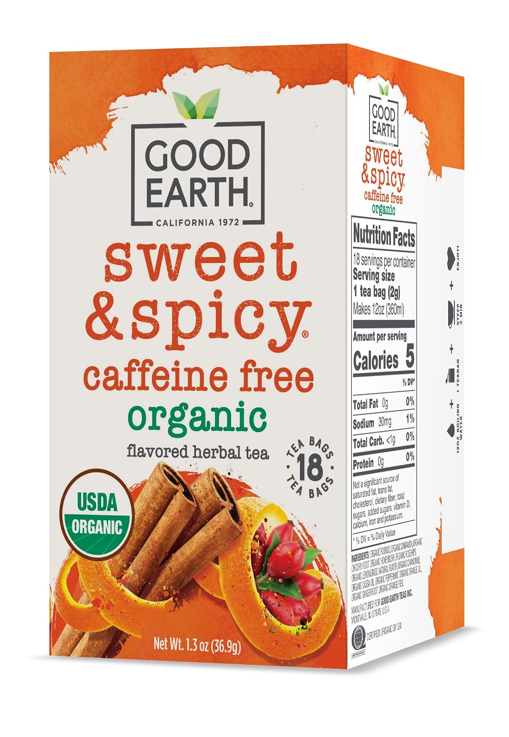 Good Earth Tea, Sweet & Spicy Organic Herbal Black Tea, 18 Count, Pack of 6, Hot or Iced, USDA Organic Sweet & Spicy with Cinnamon & Citrus