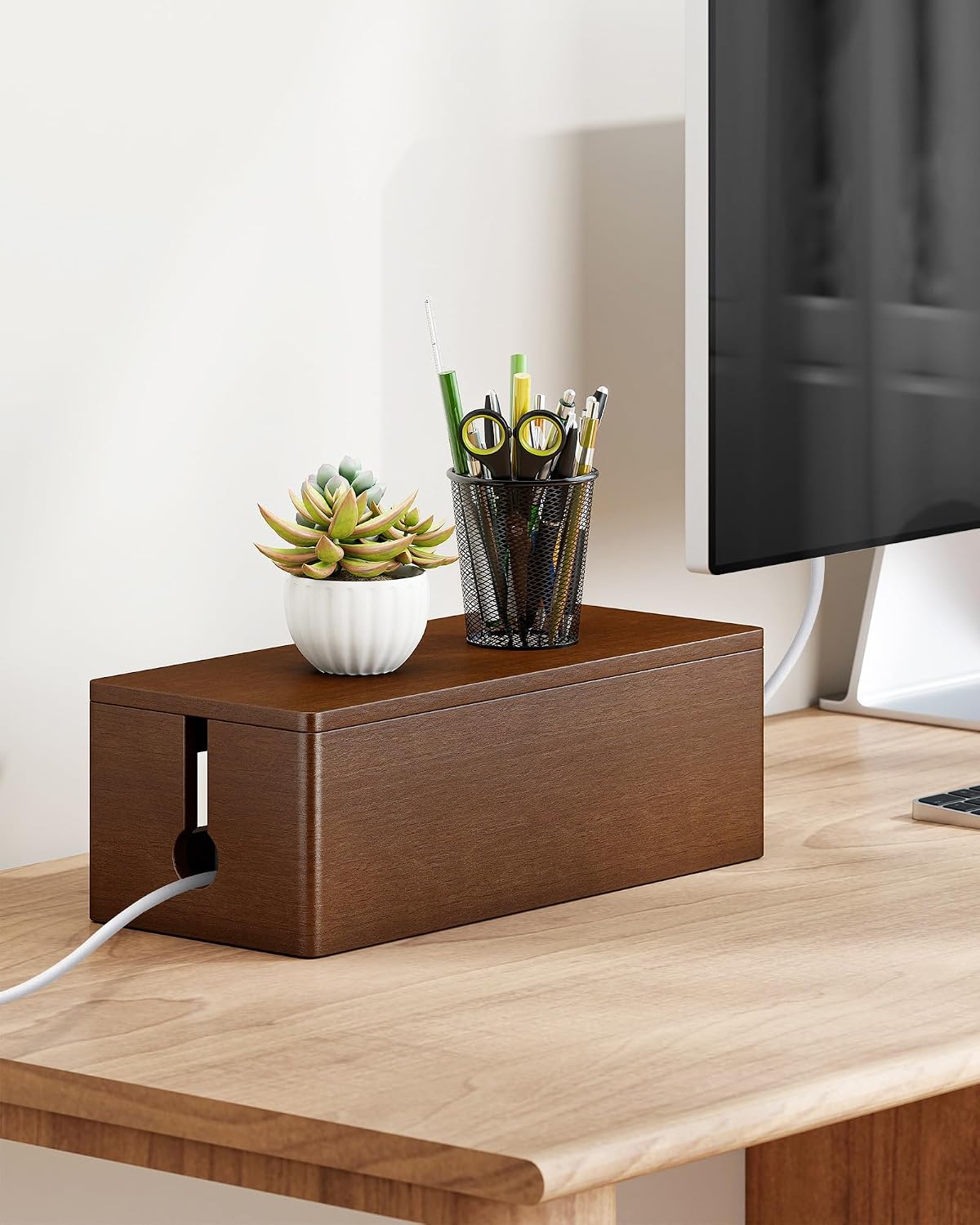 YECAYE Solid Wood Cable Management Box, Walnut Color, 14.2 x 6.1 x 4.1