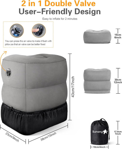 Sunany Inflatable Foot Rest Pillow for Travel, Kids/Adults Airplane Travel Pillow-Adjustable Height for Kids to Sleep While Traveling,Suitable for Airplane, Office, Home, Cars and Any Travel (1 Pack)