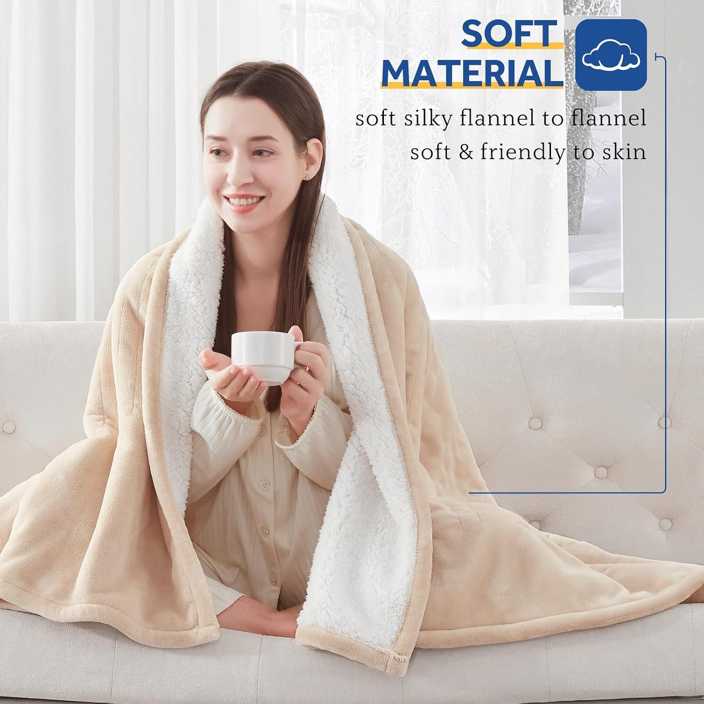 Sealy Electric Throw Blanket, Flannel & Sherpa Heated Throw with 6 Heating Levels & 2-10 Hours Auto Shut Off, Fast Heating & Machine Washable, 50x60 Inch, Light Grey