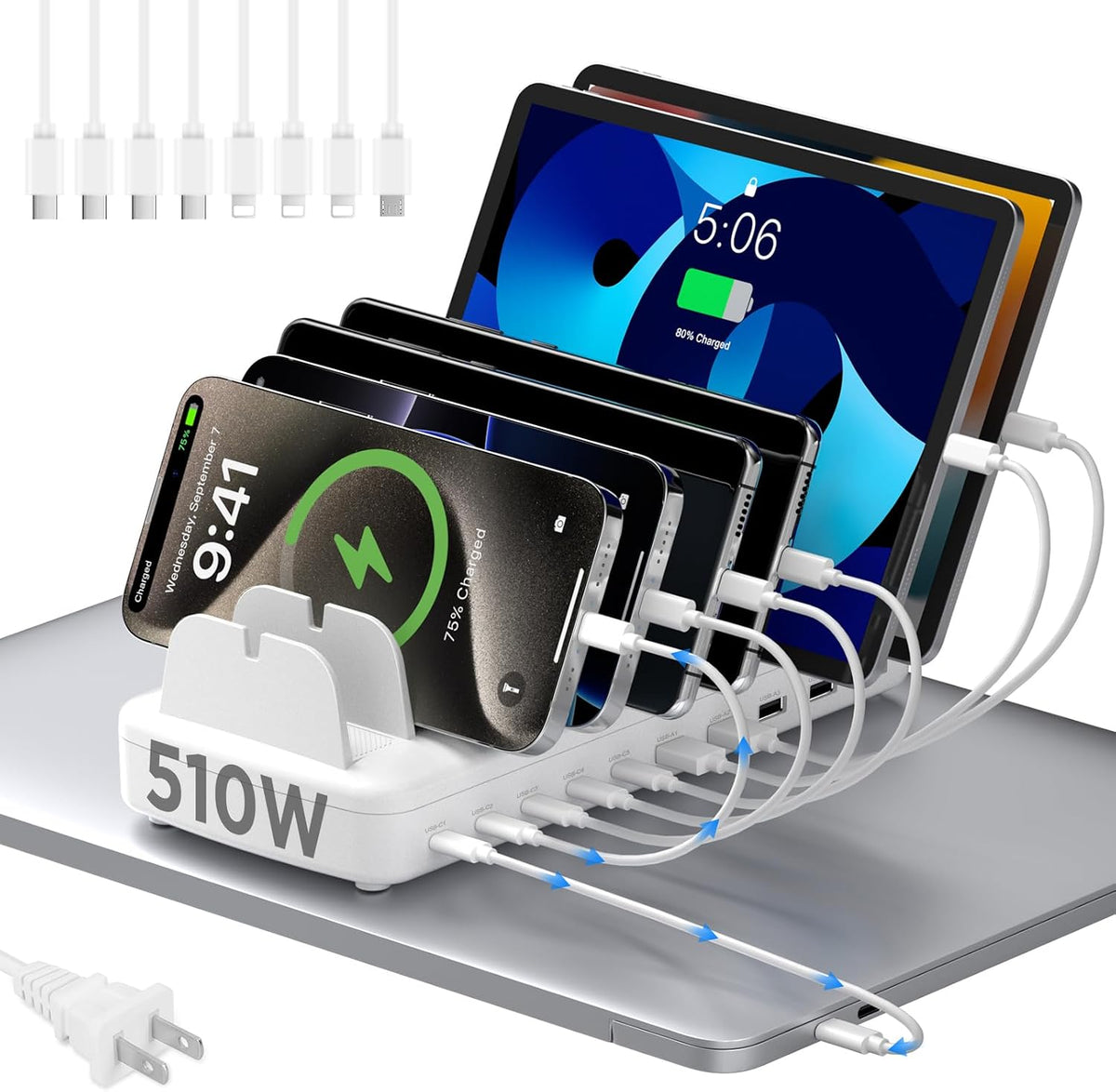 510W Charging Station for Multiple Devices, 10 Ports Charger Organizer