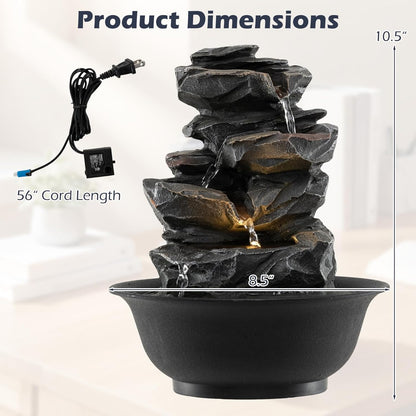 Giantex Tabletop Water Fountain with Warm LED Light, Tiered Rock Waterfall with Pump, Zen Meditation Desktop Decor for Office, Home Relaxation