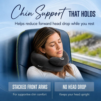 BCOZZY Travel Neck Pillow for Airplane – Patented Double Support for Head, Neck, and Chin. Best for Long Flights, Plane Sleeping, and Car Rides. Adjustable Size. Fully Washable. Carry Bag. Large, Gray