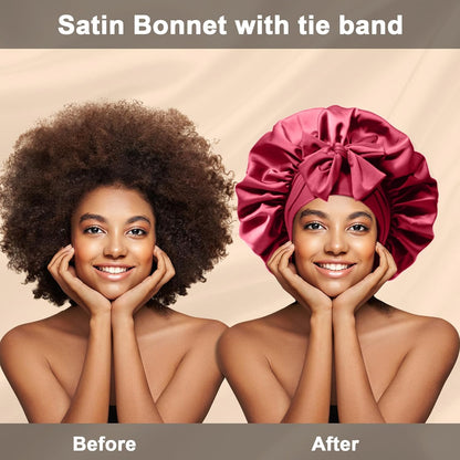 2Pcs Silk Hair Satin Bonnet for Sleeping Women,Large Satin Sleep Bonnets for Women with Elastic Tie Band Silk Hair Wrap with Ajustable Straps,Night Sleep Cap for Curly Braids,Black+Rose Gold