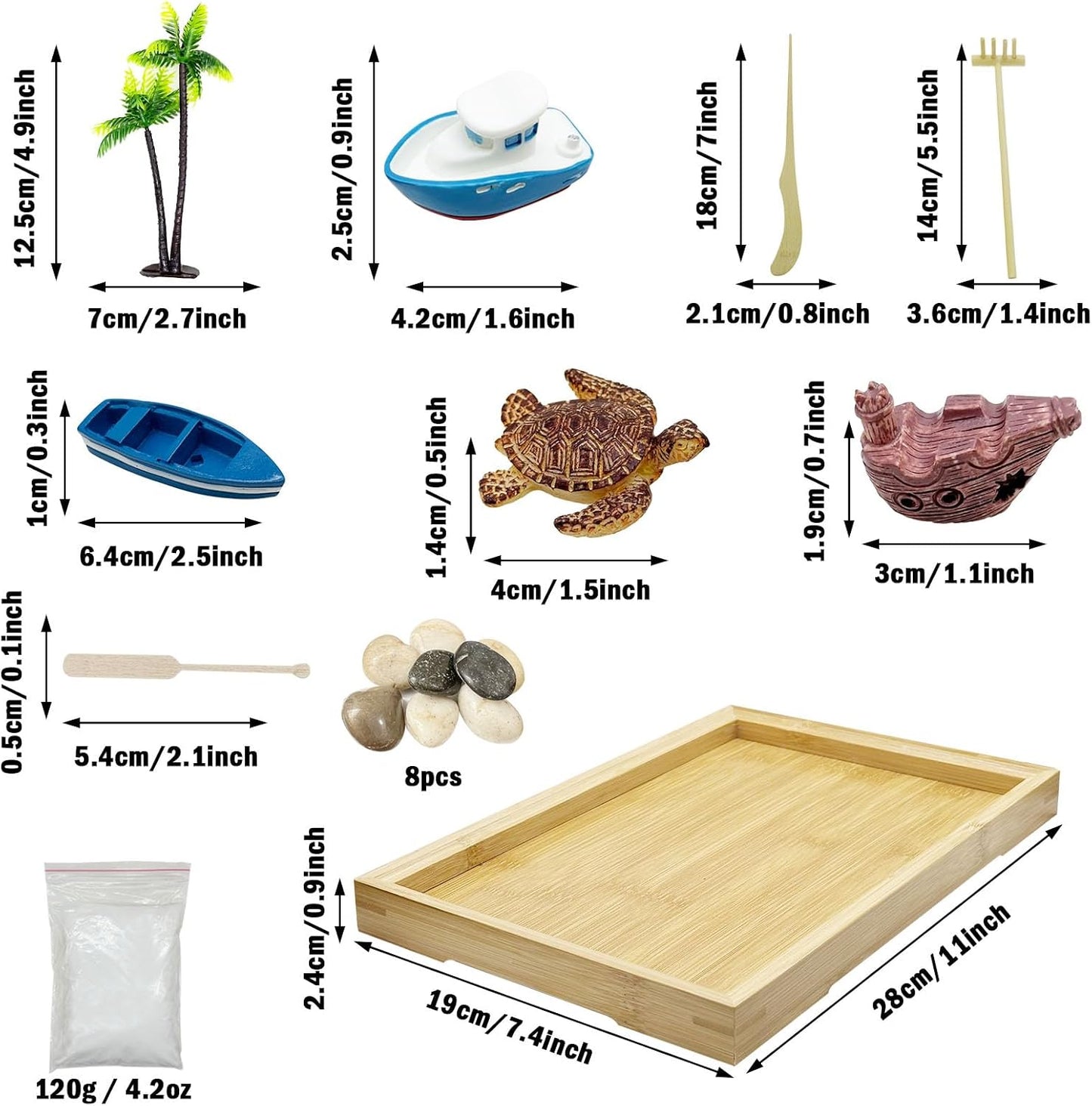 Woohome Mini Zen Garden Kit, Mini Zen Sand Garden Kit, Ocean Beach Sandbox Decorations Zen Decor Kit with White Sand, Mini Boats, Shells, Rocks for Home Office Desktop Decor