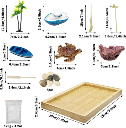 Woohome Mini Zen Garden Kit, Mini Zen Sand Garden Kit, Ocean Beach Sandbox Decorations Zen Decor Kit with White Sand, Mini Boats, Shells, Rocks for Home Office Desktop Decor
