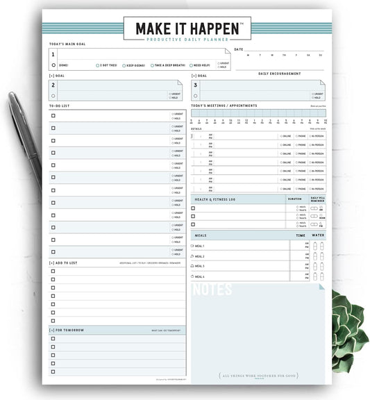 Daily Notepad Planner Basic Minimal To Do Productive List Pad- 50 Tear Off Premium Pad USA (Sea Foam Blue)