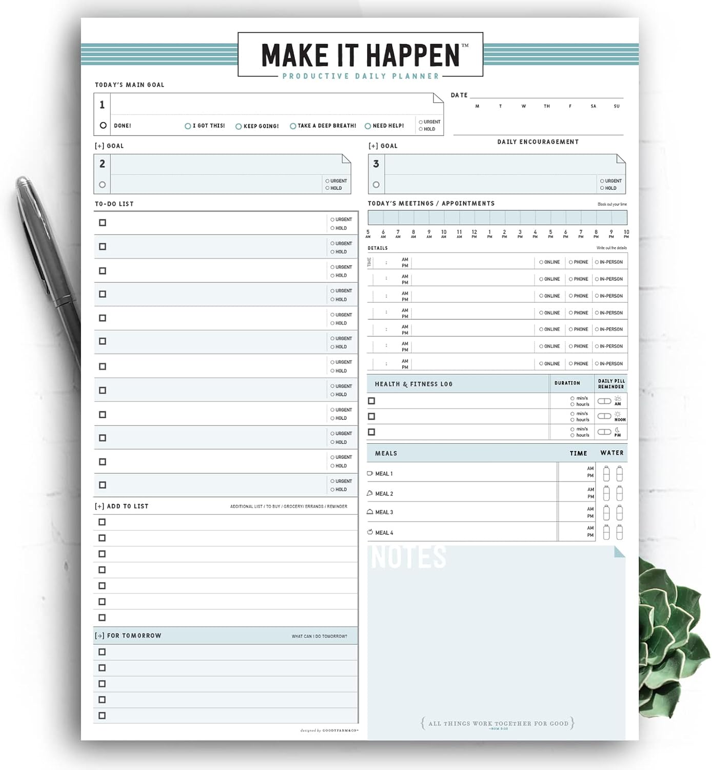 Daily Notepad Planner Basic Minimal To Do Productive List Pad- 50 Tear Off Premium Pad USA (Sea Foam Blue)