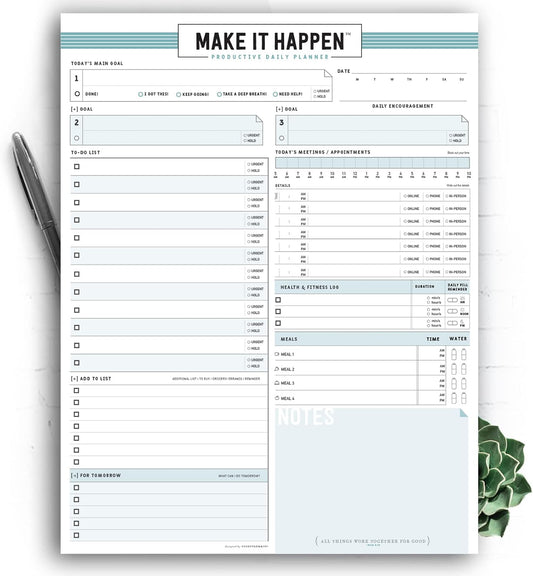 Daily Notepad Planner Basic Minimal To Do Productive List Pad- 50 Tear Off Premium Pad USA (Sea Foam Blue)