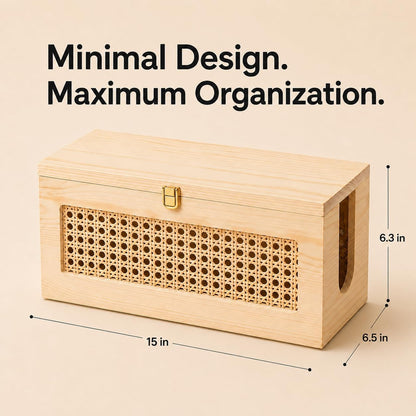 Wooden Cable Management Box - 15 x 6.5 x 6.3 in - Power Strip Organizer