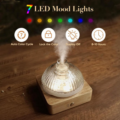 Glass Dome Essential Oil Diffuser with Glass Reservoir & Wood Base-No Plastic, 200ml Ultrasonic Diffuser for Aromatherapy with Timer 7 Color Light Auto-Off for Home Office Yoga Pilates