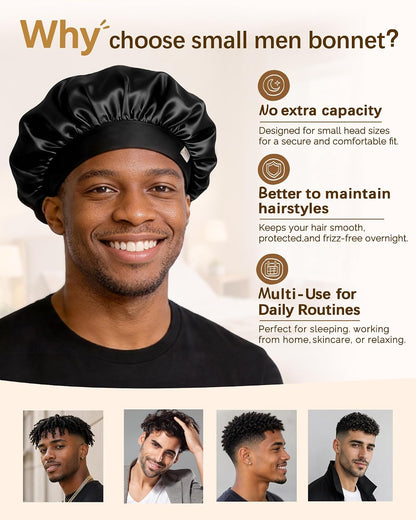 Yanibest Small Satin Bonnet for Men, Hair Bonnet for Short Hair Waves, Stay-on Night Cap, Daily Use for Sleeping Gym Outdoor, Black