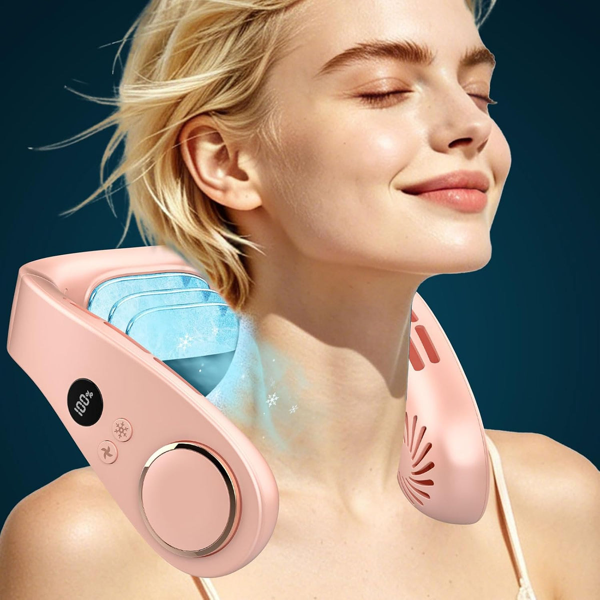 FWV Neck Fan with Cooling Plate, Quiet 30dB, 3-24Hrs Cooling,5500mAh Battery,LED Display Necklace AC Cooler, USB Bladeless Portable Personal Wearable Fans that Blow Cold Air for Men Women Kids Black