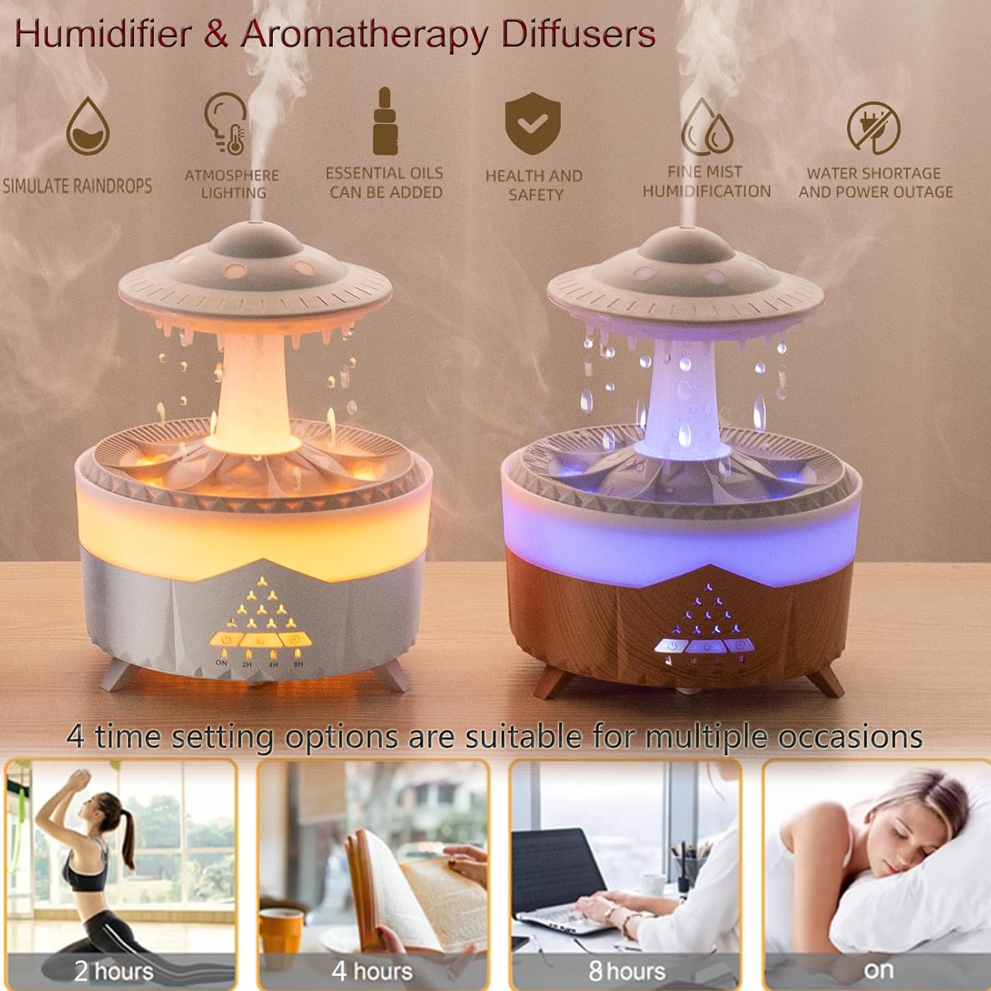 Raindrop Humidifier for Bedroom, 350ml Cool Mist Humidifier with Essential Oil Diffuser, 7 Colors LED Night Light & 4 Timers, Ultrasonic Vaporizer for Home Nursery Office