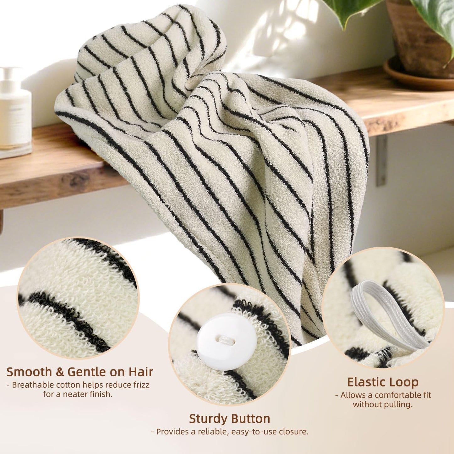 Jacquotha Cotton Hair Towel Wrap for Women (Black & White Striped) – Anti-Frizz Absorbent Quick Drying Hair Turban for Wet Hair, 25” x 9.5”, 1 Pack