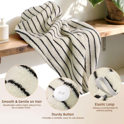 Jacquotha Cotton Hair Towel Wrap for Women (Black & White Striped) – Anti-Frizz Absorbent Quick Drying Hair Turban for Wet Hair, 25” x 9.5”, 1 Pack